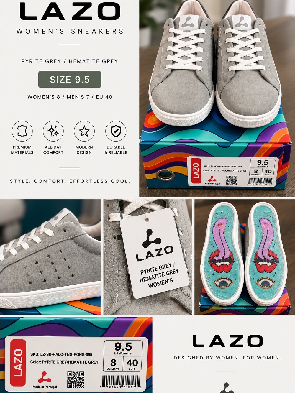 NWT LAZO HALO Sneakers – Pyrite Grey/Hematite Grey – Size Womens 9.5/Mens 8